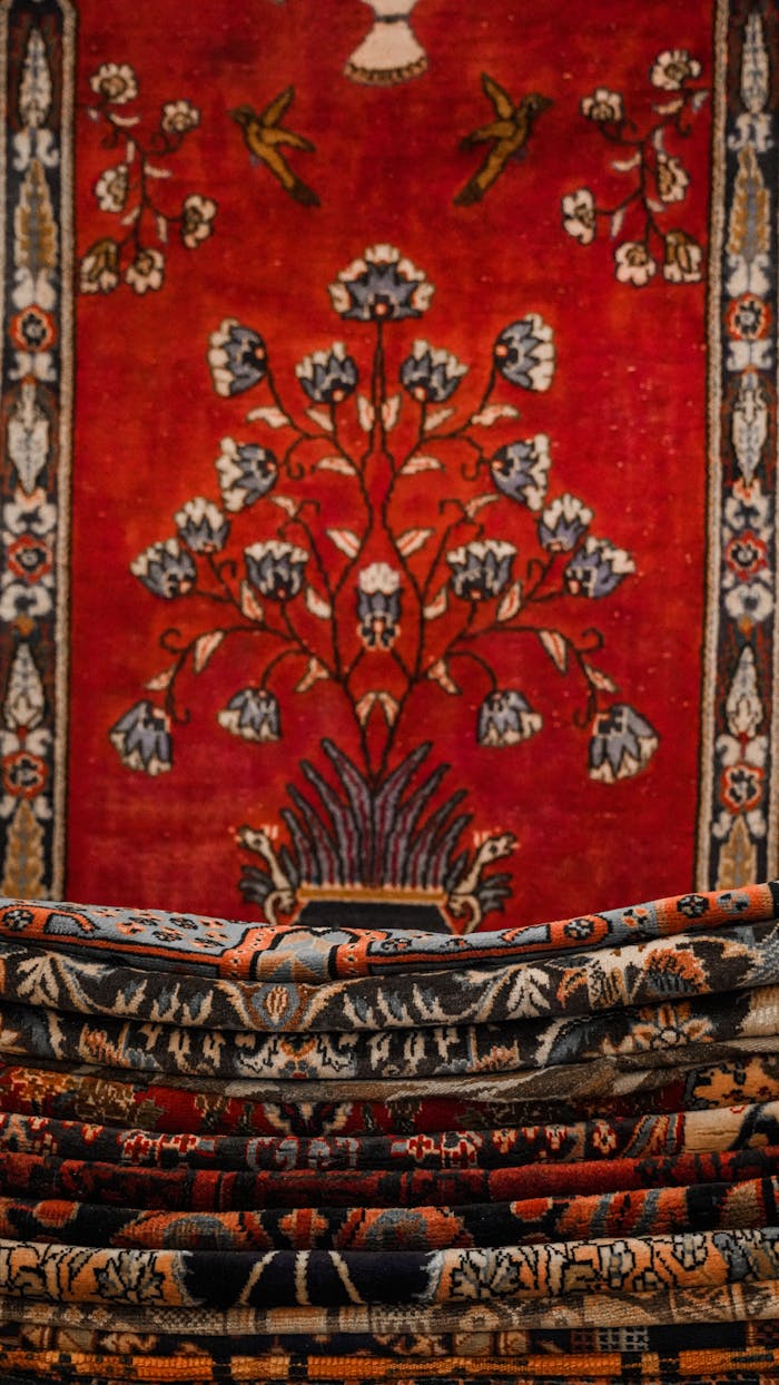 Stack of traditional Kashan carpets with intricate Persian patterns in rich colors.